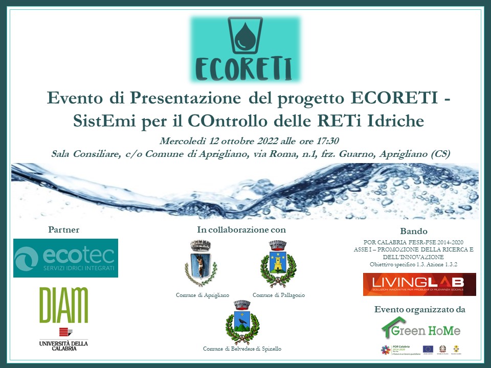 Presentation event of the ECORETI project: 12 October 2022 ore 17:30, Aprigliano (CS)