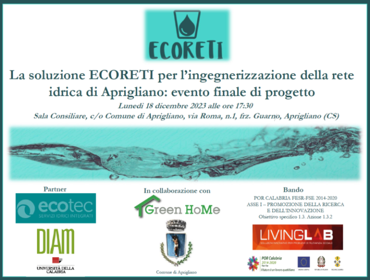 Evento finale del progetto ECORETI: lunedì 18 dicembre 2023 alle ore 17:30, Aprigliano (CS)